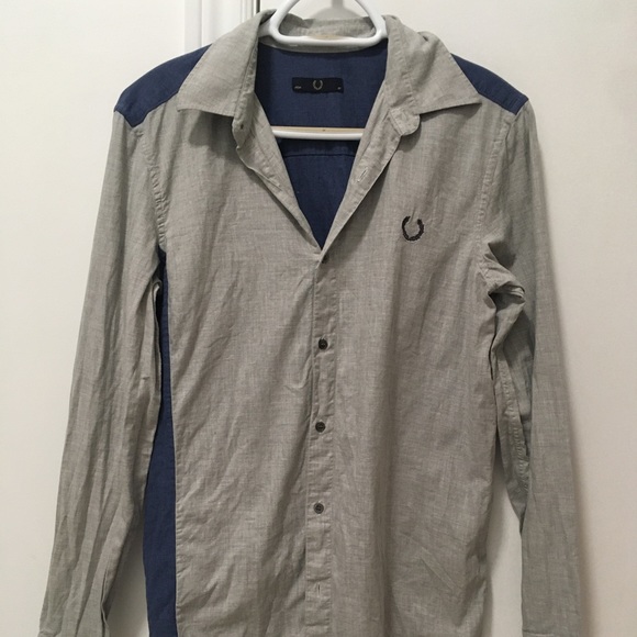fred perry men’s 91cm 61” gray collar button up long sleeve navy back comfy wear - Picture 1 of 5